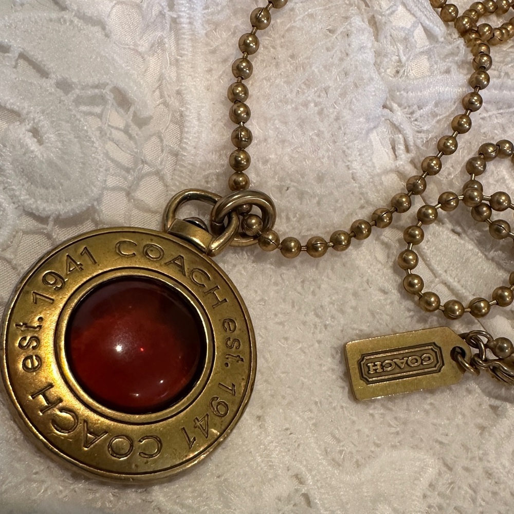 Coach Logo Pendant In Gold Tone with Amber Glass Center on Gold Tone Chain - Picture 15 of 16